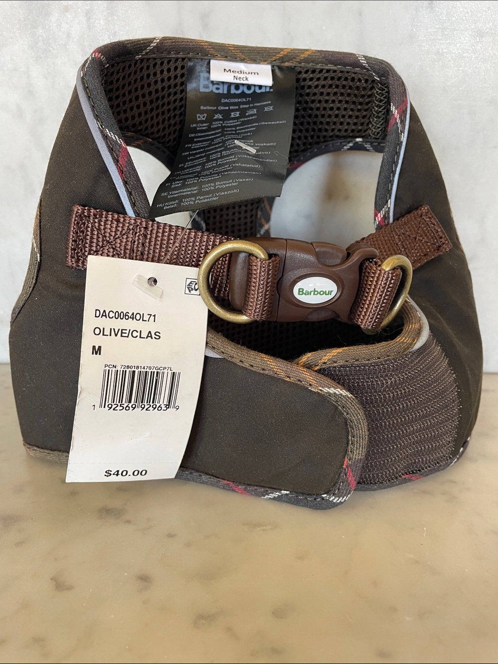 BARBOUR England Olive and Brown Dog Wax Step In Harness with Plaid Trim Medium